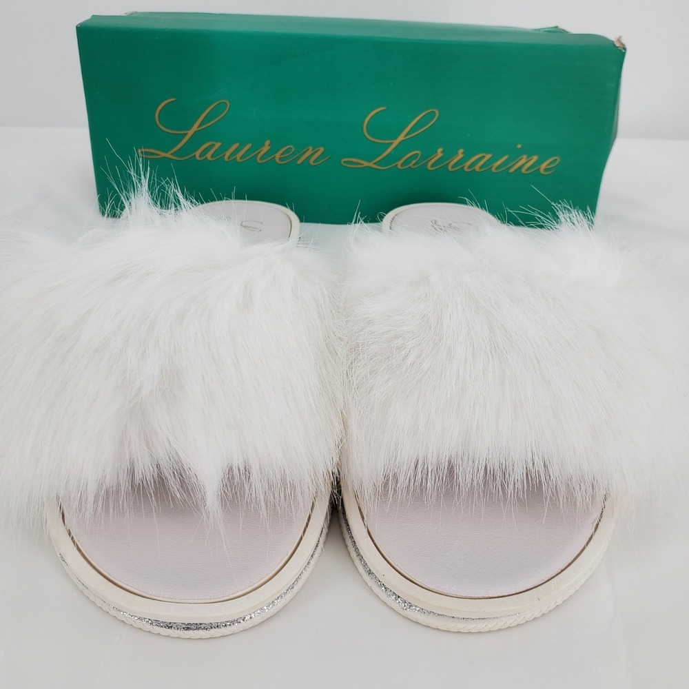 Lauren Lorraine White Fluffy Faux Fur Flat Sandal Glitter Trim Slides Size 8 New - Picture 2 of 6